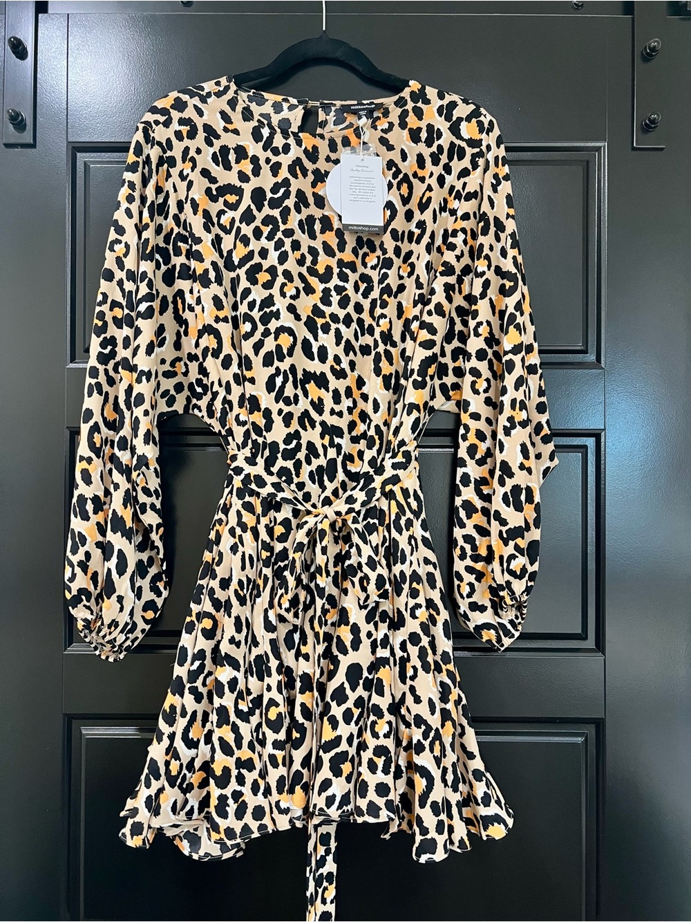 Mittoshop Beige and Black Leopard-Print Long Sleeve Tie-Waist Dress